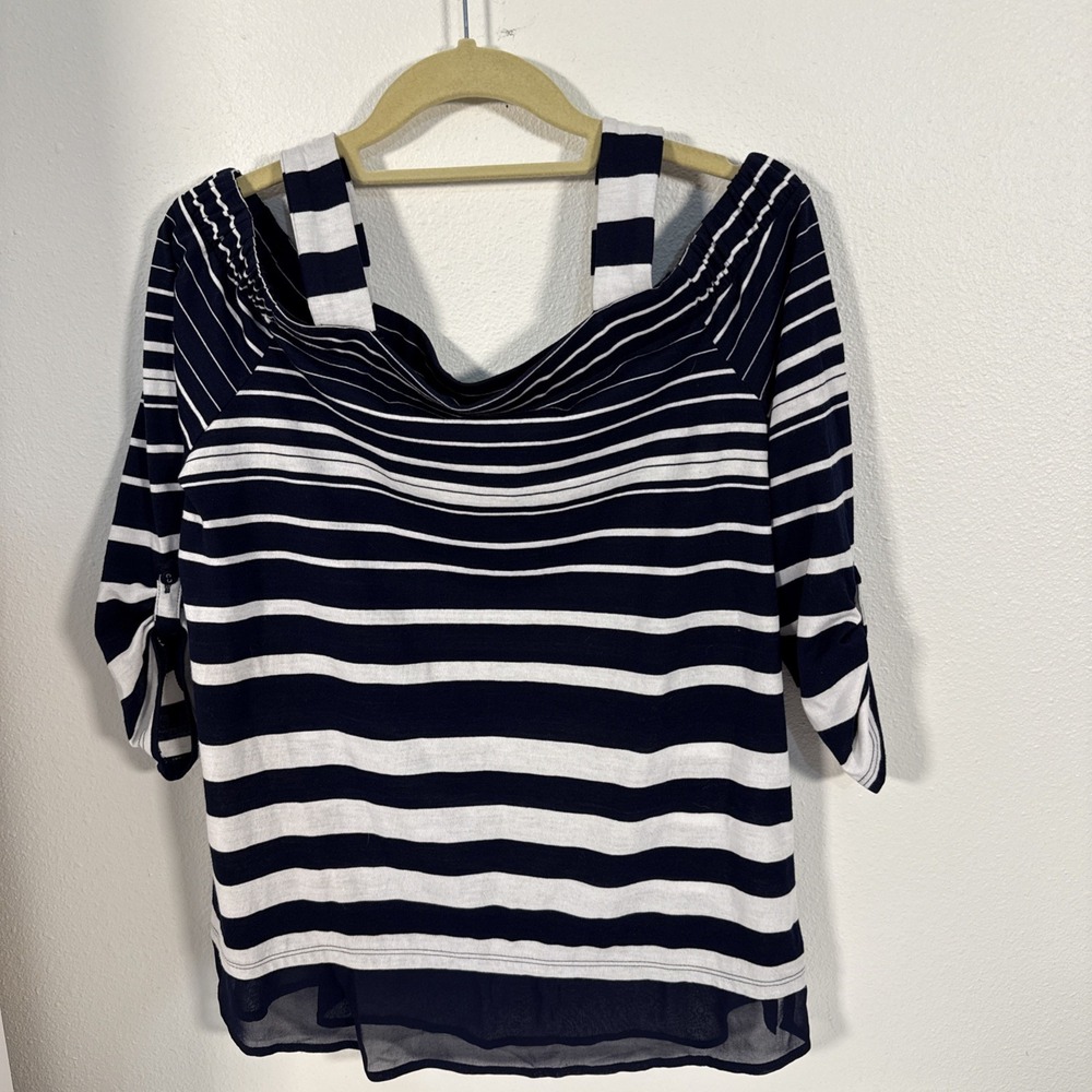 Chico's size 1 Off The Shoulder Chambray 100% cotton Top‎ 3/4 sleeve blouse C1